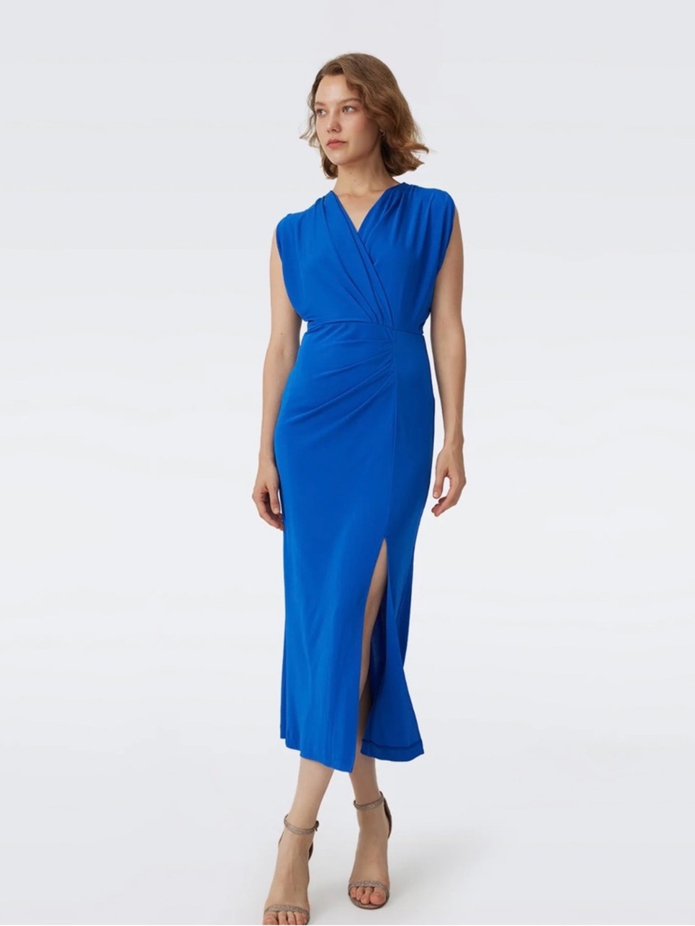 Diane Von Furstenberg Cobalt Blue Sleeveless Wrap Midi Dress with Side Slit